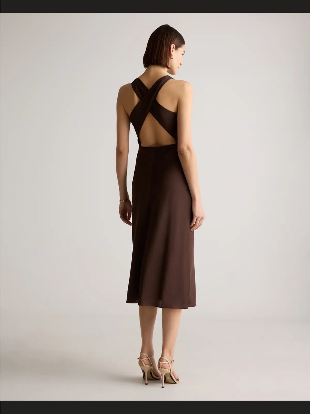 Quince Silk Brown Cross-Back Midi Dress